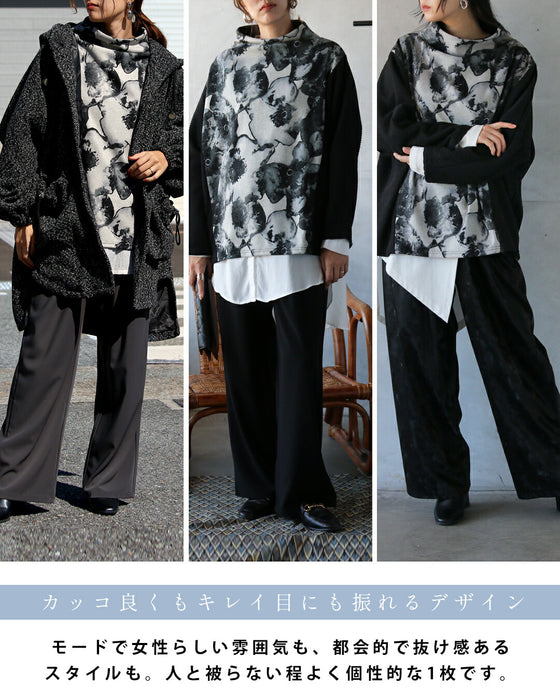 惹きつける、都会的モード 異素材アートフラワートップス