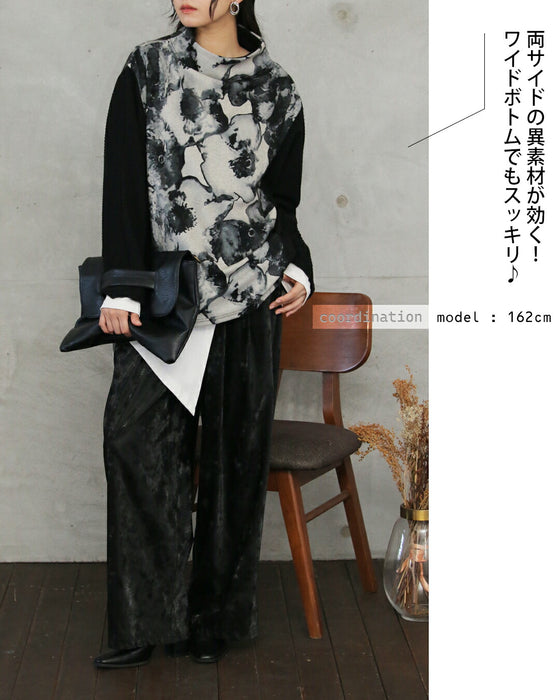 惹きつける、都会的モード 異素材アートフラワートップス