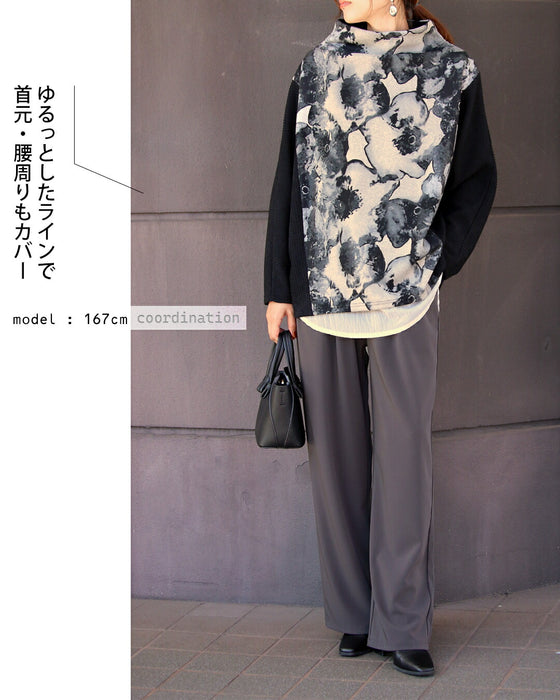 惹きつける、都会的モード 異素材アートフラワートップス