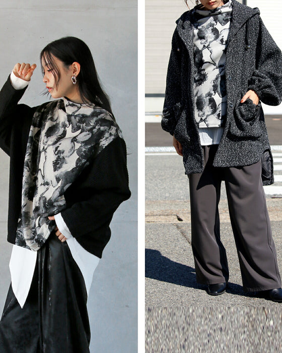 惹きつける、都会的モード 異素材アートフラワートップス