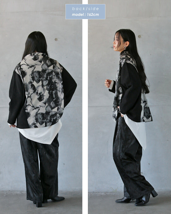 惹きつける、都会的モード 異素材アートフラワートップス