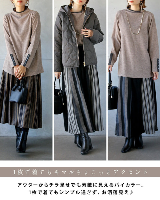 バイカラーで大人の抜け感 杢調ニットライクトップス