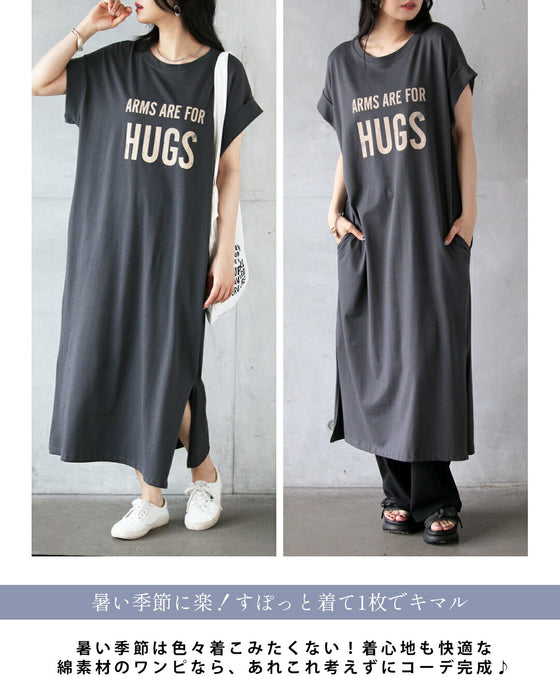ゆるラフ ロゴが効いてるスリットロングワンピ