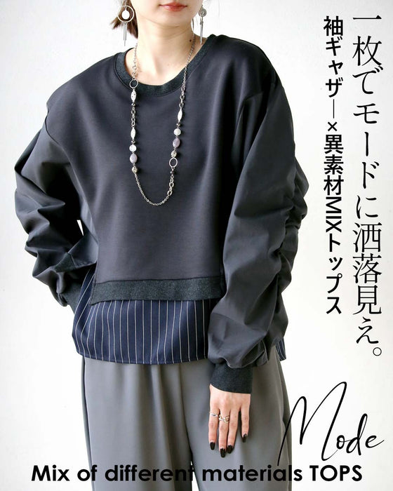 一枚でモードに洒落見え。 袖ギャザー×異素材MIXトップス