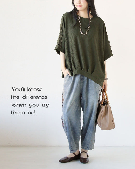 ヘルシーな抜け感を。袖レースデザイントップス