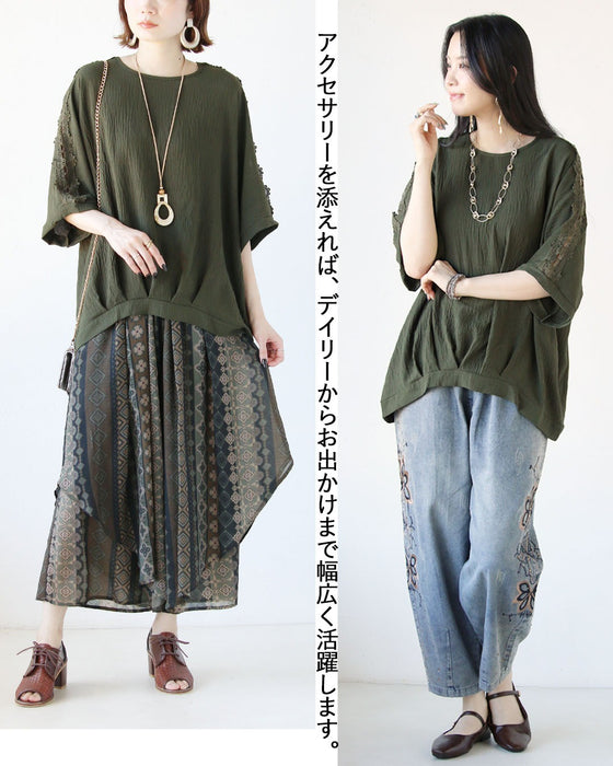 ヘルシーな抜け感を。袖レースデザイントップス