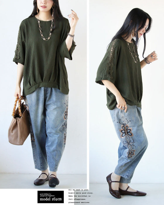 ヘルシーな抜け感を。袖レースデザイントップス