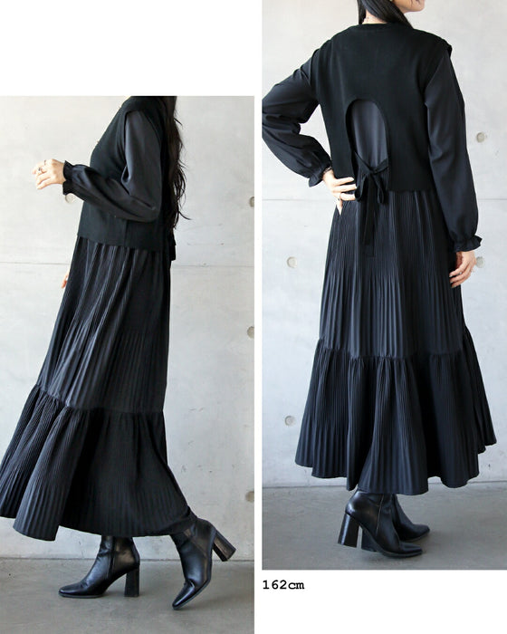 上品なお出かけコーデが完成ニットベスト&ティアードワンピースの2点セット