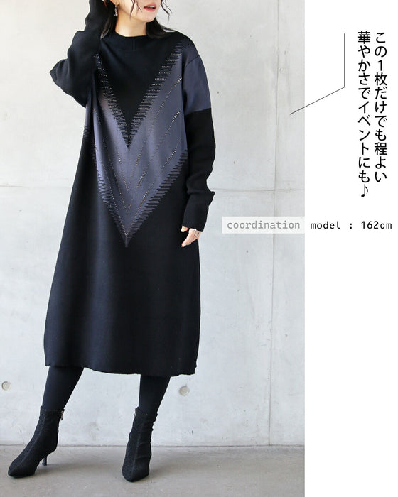 煌めくVラインで魅せる すっきり上品ニットワンピ