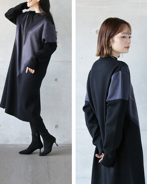 煌めくVラインで魅せる すっきり上品ニットワンピ