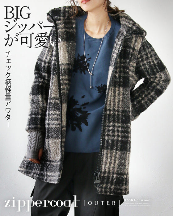 BIGジッパーが可愛い チェック柄軽量アウター