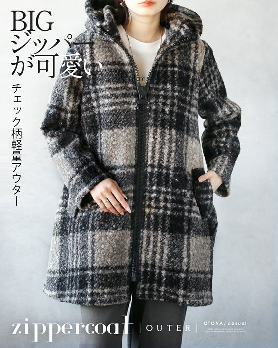 BIGジッパーが可愛い チェック柄軽量アウター