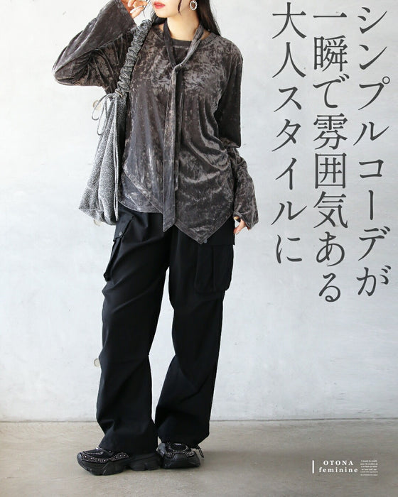 1枚でムードを纏う 大人の艶を引き出す ボウタイ付ベロアトップス