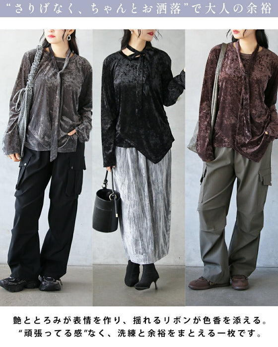 1枚でムードを纏う 大人の艶を引き出す ボウタイ付ベロアトップス