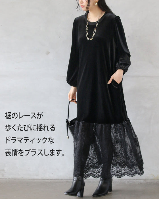 ベロアの艶めきと華やぐレースで、大人の品格を。オケージョンワンピース