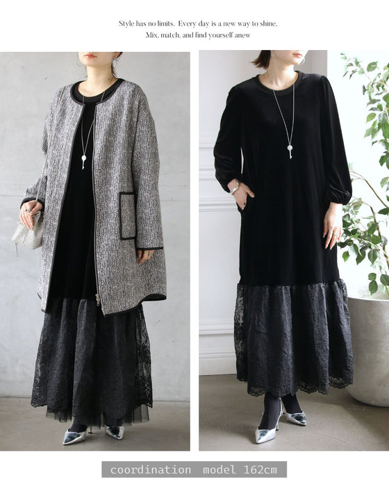 ベロアの艶めきと華やぐレースで、大人の品格を。オケージョンワンピース