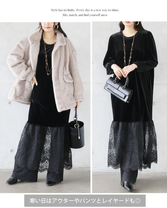 ベロアの艶めきと華やぐレースで、大人の品格を。オケージョンワンピース