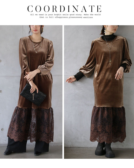 ベロアの艶めきと華やぐレースで、大人の品格を。オケージョンワンピース