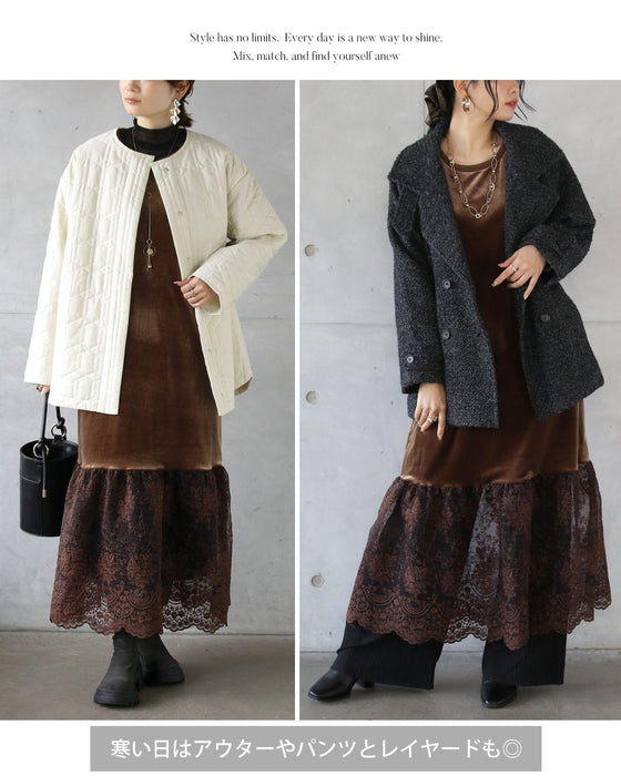 ベロアの艶めきと華やぐレースで、大人の品格を。オケージョンワンピース