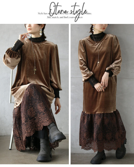 ベロアの艶めきと華やぐレースで、大人の品格を。オケージョンワンピース