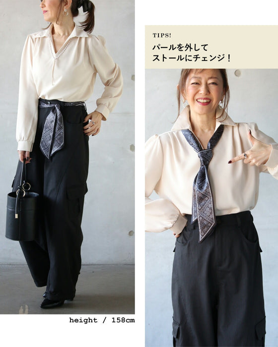 顔周りを上品に明るく パールアクセサリー付ブラウス