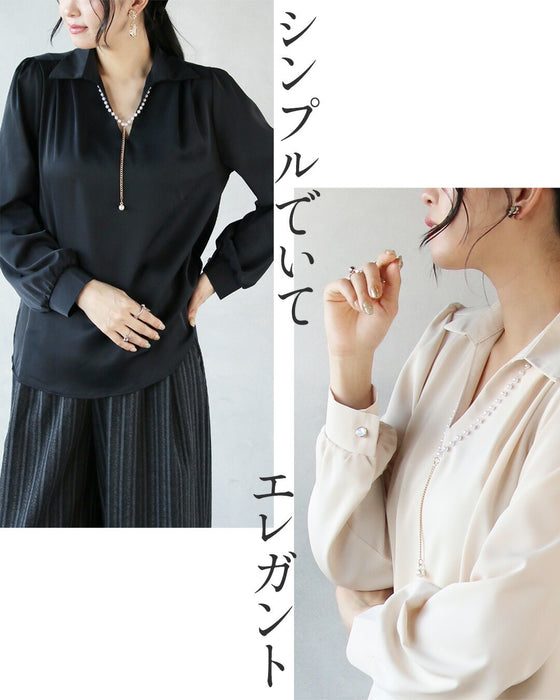 顔周りを上品に明るく パールアクセサリー付ブラウス