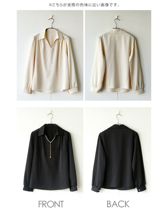 顔周りを上品に明るく パールアクセサリー付ブラウス