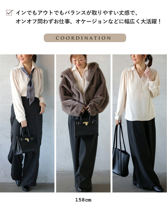 顔周りを上品に明るく パールアクセサリー付ブラウス