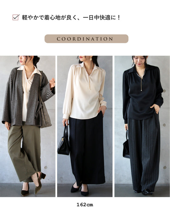 顔周りを上品に明るく パールアクセサリー付ブラウス