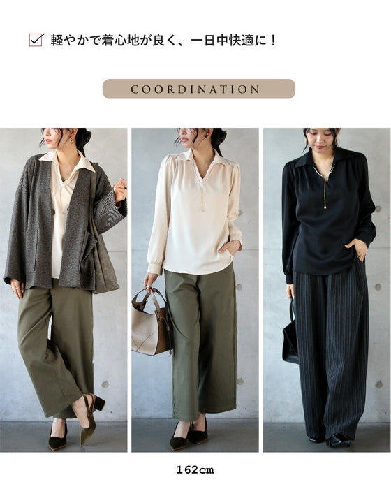 顔周りを上品に明るく パールアクセサリー付ブラウス