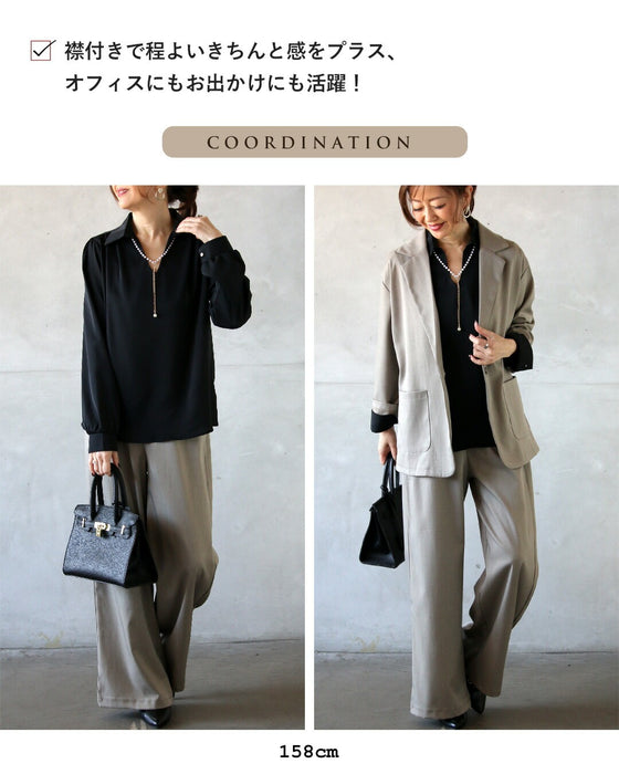 顔周りを上品に明るく パールアクセサリー付ブラウス