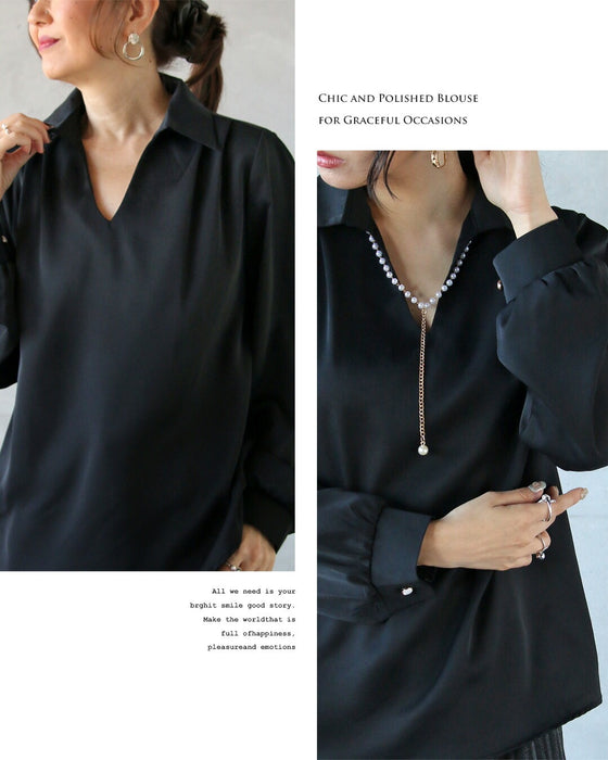 顔周りを上品に明るく パールアクセサリー付ブラウス