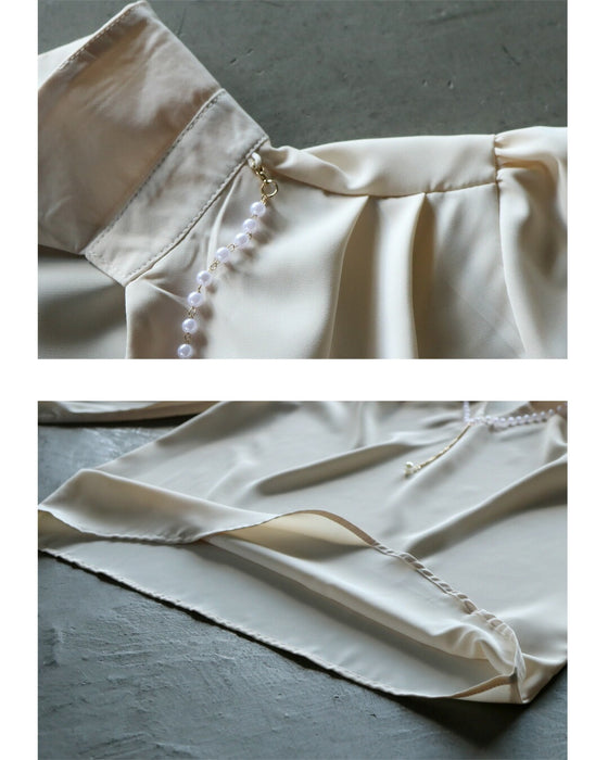 顔周りを上品に明るく パールアクセサリー付ブラウス