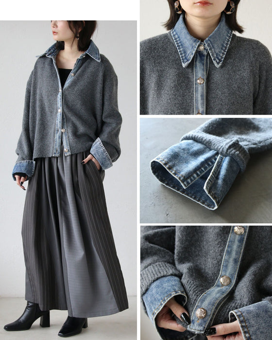 1枚でレイヤード風の洒落見えが完成する デニム×ニットの主役級カーデ