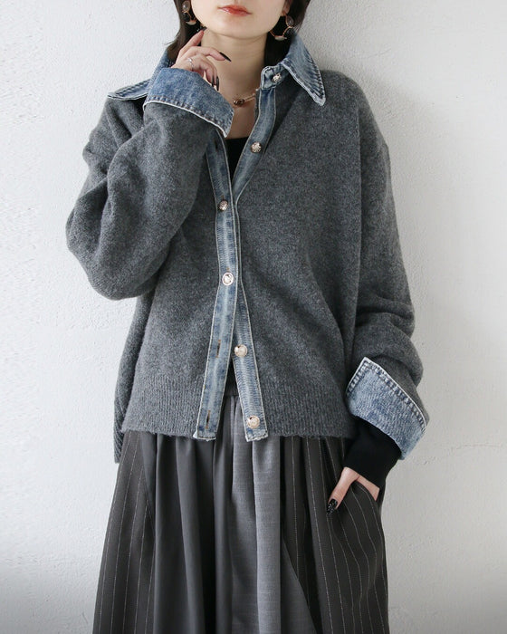 1枚でレイヤード風の洒落見えが完成する デニム×ニットの主役級カーデ