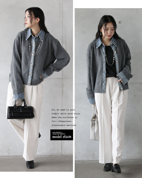 1枚でレイヤード風の洒落見えが完成する デニム×ニットの主役級カーデ