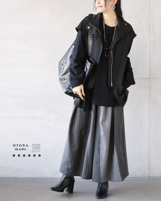 ゆるっと抜け感 ストライプ×異素材ワイドパンツ