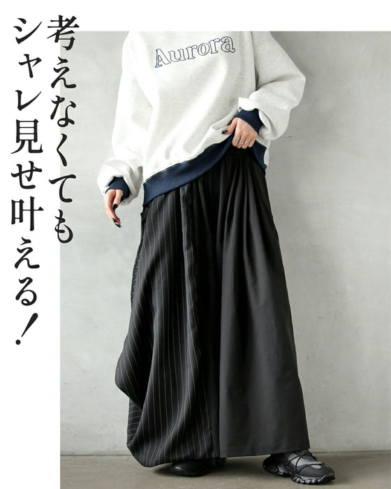 ゆるっと変形モード 異素材ストライプワイドパンツ