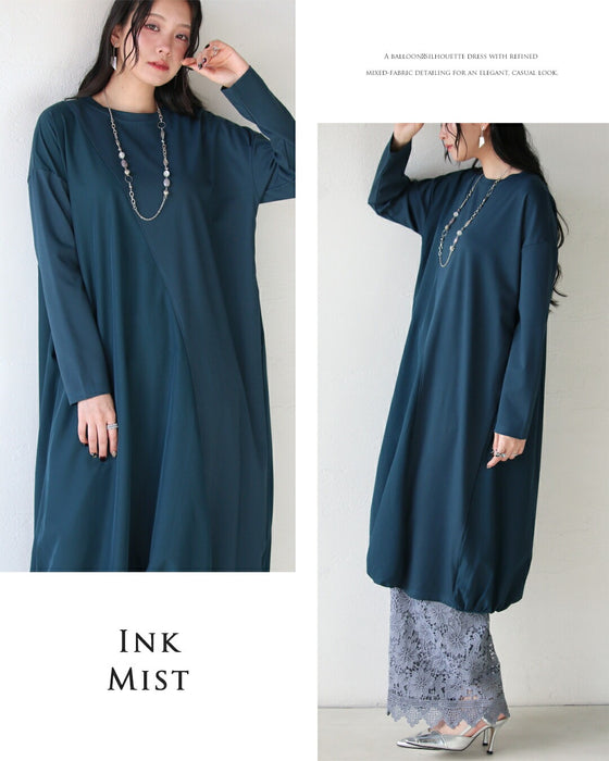 深みブルーが映える計算されたバルーンワンピース