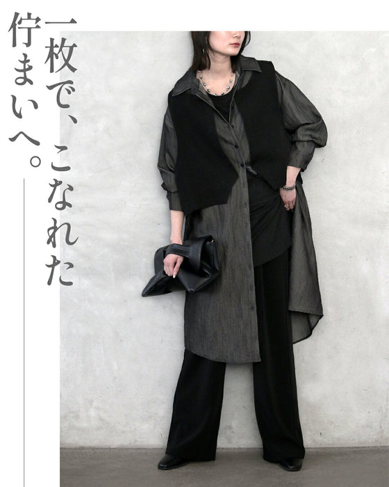 一枚でクールにキマル異素材ドッキングが効いたモードなシャツワンピース