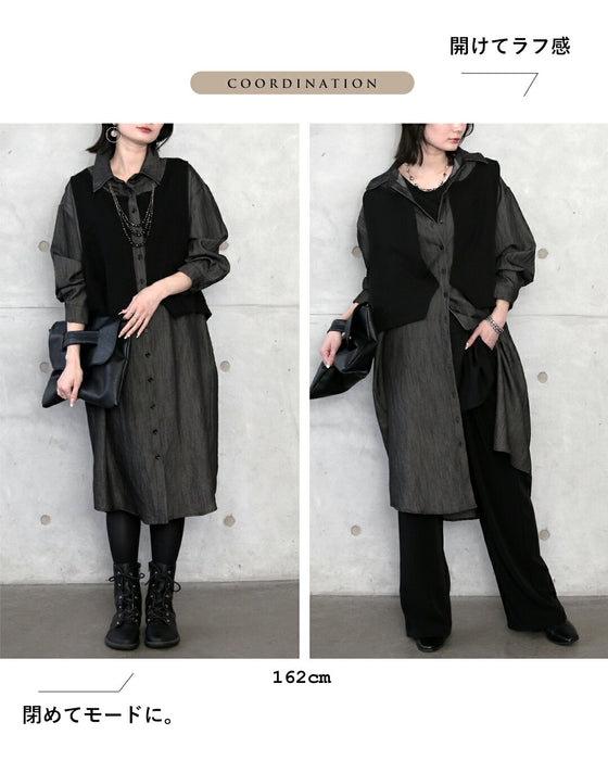 一枚でクールにキマル異素材ドッキングが効いたモードなシャツワンピース