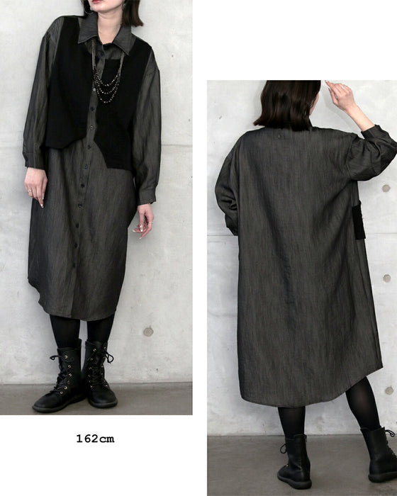 一枚でクールにキマル異素材ドッキングが効いたモードなシャツワンピース