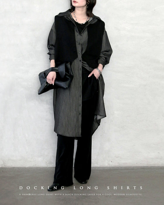 一枚でクールにキマル異素材ドッキングが効いたモードなシャツワンピース