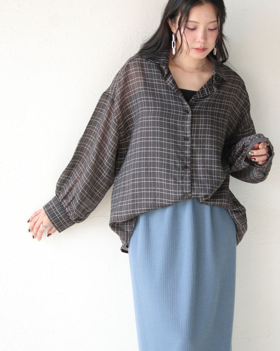 今っぽくこなれ見え グリッドチェック柄シアーシャツ