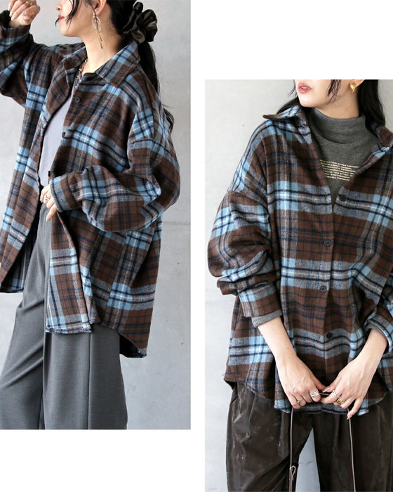 ブルー×ブラウンが映える今っぽ大人チェックシャツ