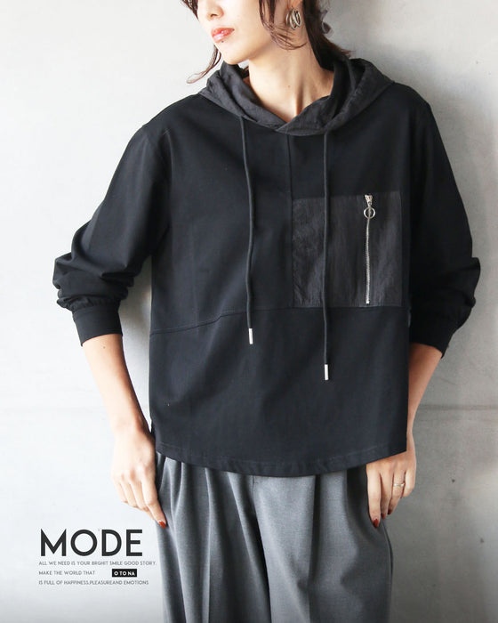 ジップが効いた、フーディトップス