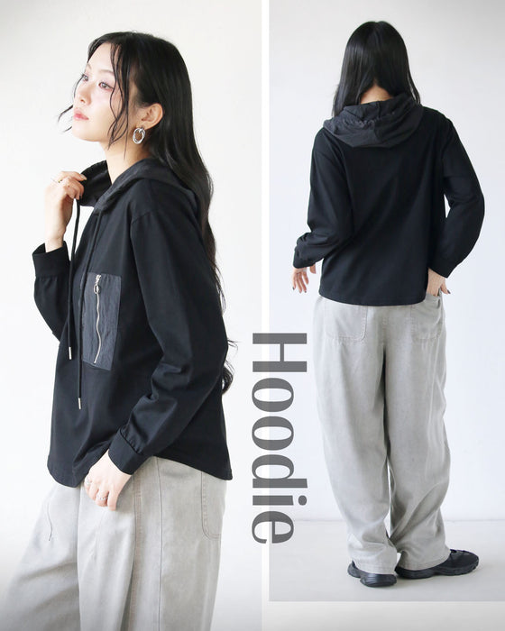 ジップが効いた、フーディトップス