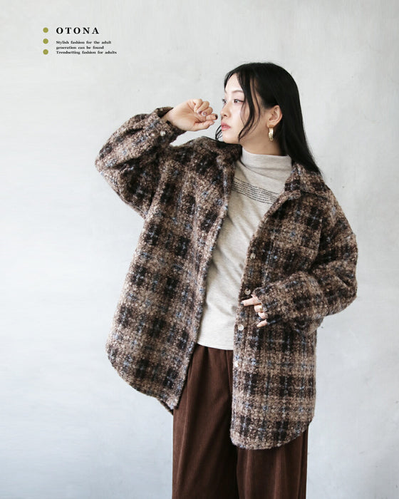 ゆるっと大人可愛い チェック柄ボアシャツアウター