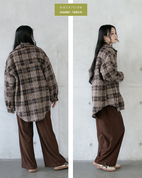 ゆるっと大人可愛い チェック柄ボアシャツアウター