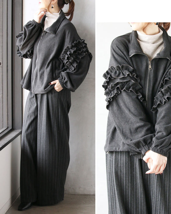 モードに大人可愛い軽やかフリル袖アウター
